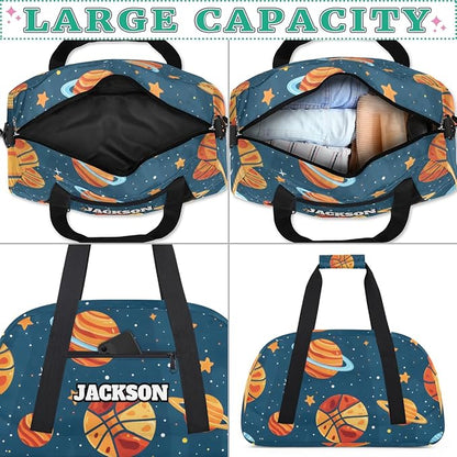 Personalized Basketball Gym Duffel Bags for Kids Boys with Custom Name Sport Travel Bags for Overnight Weekender Training, Blue Space