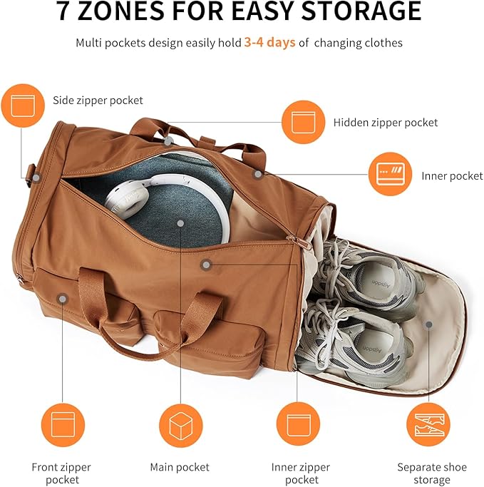 Aji Foldable Travel Duffel Bag for Women with Shoes Compartment, 3 in 1 Carry on Gym Bag with Removable Dry Wet Bag, Lightweight&Water Resistant Duffel Bag for Travel,Sports&Workout, Warm Brown