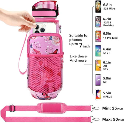 32 oz Water Bottles with Straw & Strap, Motivational Water Bottles with Times to Drink, BPA Free Reusable Sports Water Bottle with Sleeve Carrier for Hiking, Travel, Running or Fitness