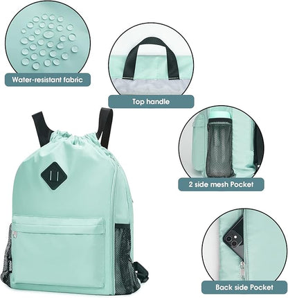 WANDF Drawstring Backpack Sports Gym Bag with Shoes Compartment, Water-Resistant String Backpack Cinch for Women Men (Large,Mint green)