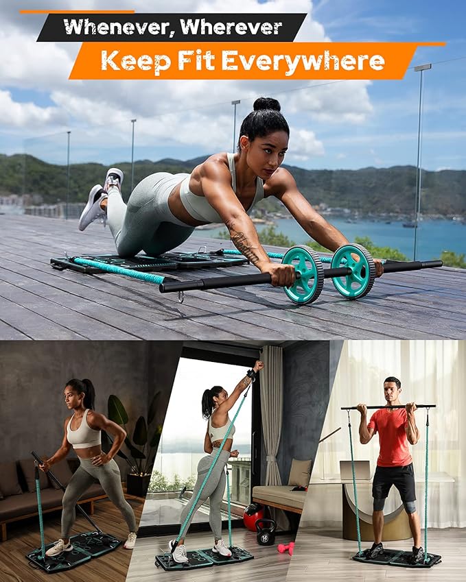 Gonex Portable Home Gym Workout Equipment with 14 Exercise Accessories Ab Roller Wheel,Elastic Resistance Bands,Push-up Stand,Post Landmine Sleeve and More for Full Body Workouts System