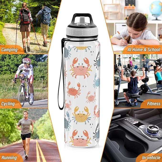 ALAZA Cartoon Crab Sports Water Bottle with Straw Tritan Drink Bottle 32 oz BPA Free Reusable for Travel Outdoor Fitness