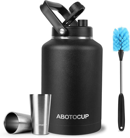 1.5 Gallon Water Jug with Wide Mouth, 192oz Insulated Water Bottle Keep Cold24h&Hot12h, Comes with Ergonomic Handle, Two Double Walled 16oz 18/8 Stainless Steel Cups Thermo Canteen Mug