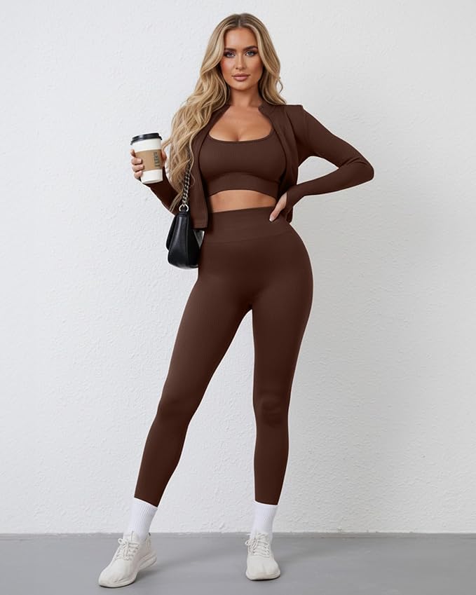 Women 3 Piece Seamless Workout Set Sports Bra High Waisted Gym Yoga Leggings Zip Up Jacket with Thumbhole Activewear