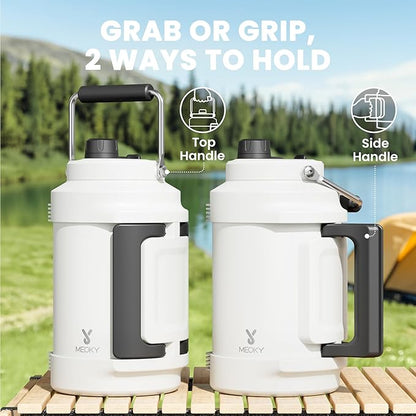 1 Gallon Insulated Water Bottle for Sports: Meoky 128 oz Triple Wall Vacuum Stainless Steel Water Jug - Top and Side Handles, Cold for 48 Hrs, 2-in-1 Straw and Spout Lid, Leak Proof for Hiking (Ivory)