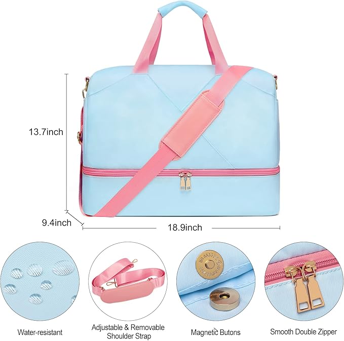 Sports Gym Bag for Women, Travel Duffle Bag with Shoe Compartment & Wet Pocket, Fitness Yoga Bag