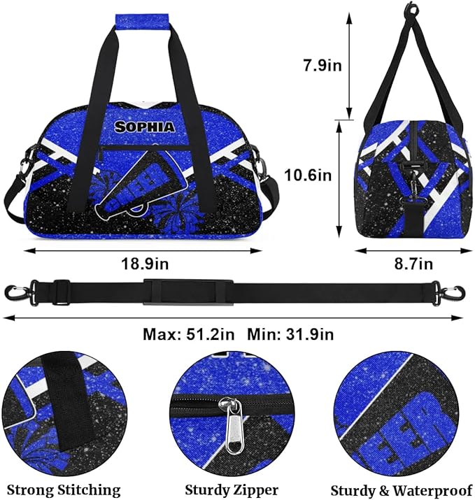 Personalized Cheer Duffle Bag - Customized Travel Overnight Weekender Bag for Cheerleaders - Royal Blue with Glitters Effect