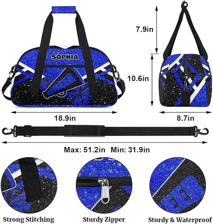 Personalized Cheer Duffle Bag - Customized Travel Overnight Weekender Bag for Cheerleaders - Royal Blue with Glitters Effect