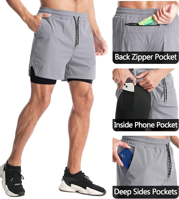 Aolesy Men's 2 in 1 Running Shorts 5" Workout Gym Athletic Shorts for Men Quick Dry Lightweight Training Shorts with Pockets