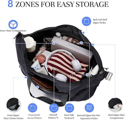 Timeet Expandable Gym Duffel Bag For Women with Yoga Mat Strap, 47L Sports Duffle Bag With Shoes Compartment&Dry Wet Pocket, Water Resistant Carry on Sports Weekend Travel Overnight Bag, Ink Black