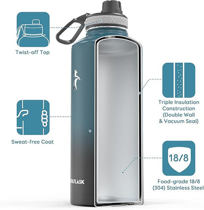 Coolflask Water Bottle 87 oz with Straw, 2/3 Gallon Insulated Stainless Steel Large 3 Lids Big Water Jug for Sports or Office, Non-BPA Keep Cold Up to 48 Hrs or Hot Up to 24 Hrs, Samurai Cyan
