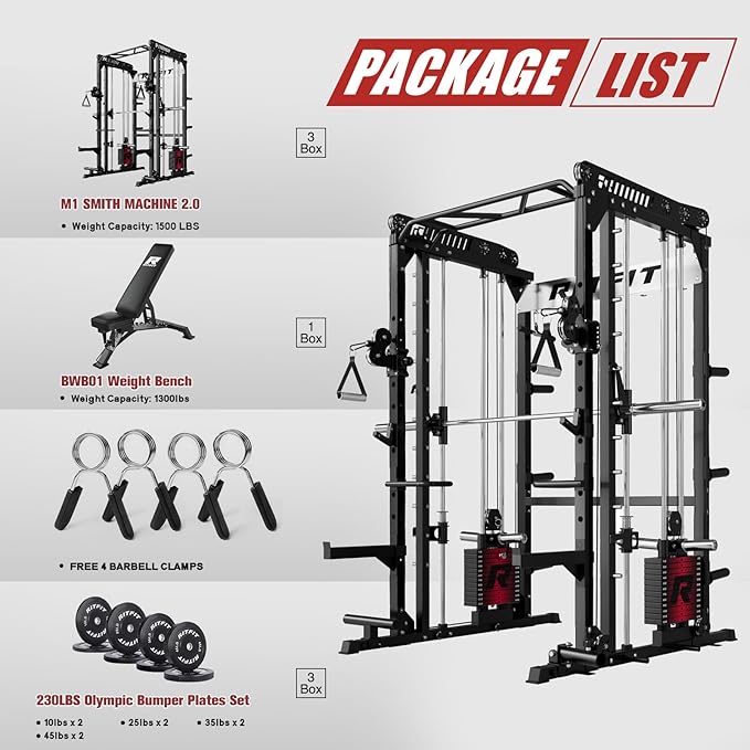 RitFit M1 Pro Smith Machine Package, All-in-One Power Cage with Weight Stack Set, Includes LAT Pulldown & Cable Crossover System for Home Gym