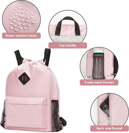 WANDF Drawstring Backpack Sports Gym Bag with Shoes Compartment, Water-Resistant String Backpack Cinch for Women Men (Large,Pink)