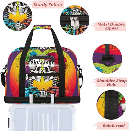 cfpolar Woman Travel Duffel Bag Heart Skull Foldable Tote Carry On Luggage Sports Gym Bag With Shoe Compartment Overnight Weekend Yoga Workout Bag Training Handbag