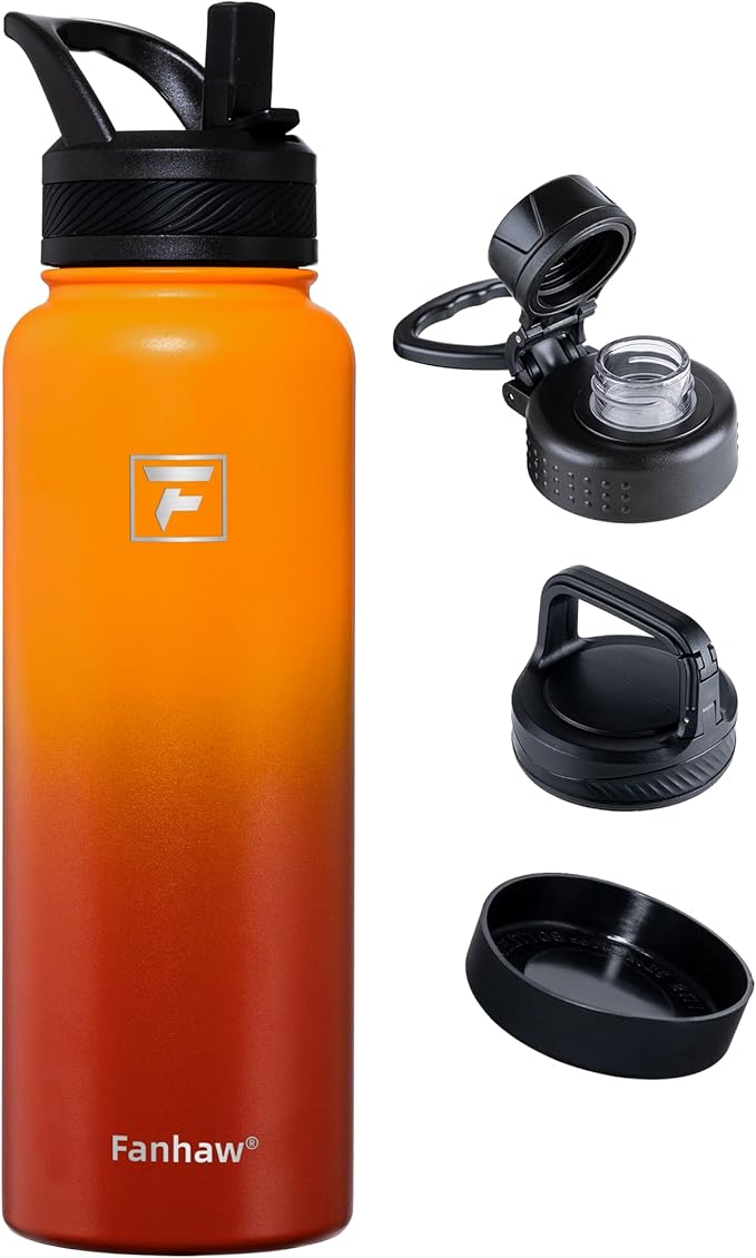 Fanhaw 40 oz Insulated Water Bottle – Stainless Steel Flask with 3 Lids (Straw, Spout, Carabiner) | Durable, Leakproof, for Hiking, Camping, Outdoor Adventures & Travel (Yellow Orange)