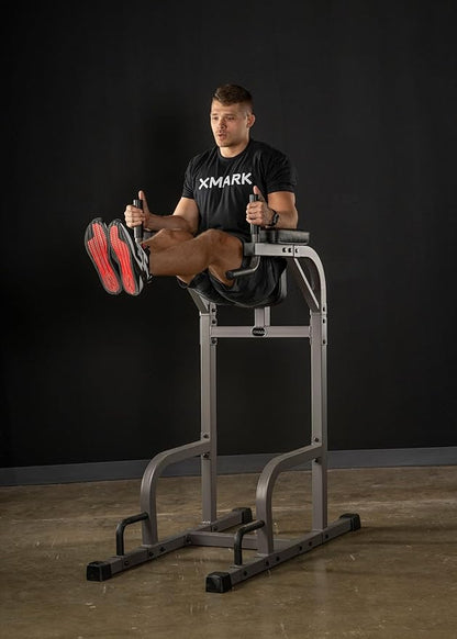 XMARK Knee Raise, Dip Stand with Push Up Station, Commercial Vertical Knee Raise, Captain's Chair, Upper Body and Core Workout Machine