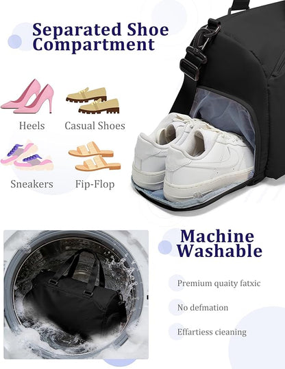 Gym Bag for Women with Shoe Compartment,Travel Duffel Bag for Men Sports Gym Tote Bags Carry on Overnight Bag Personal Item Travel Bag Weekender Bags Swimming Yoga Workout Bag Black