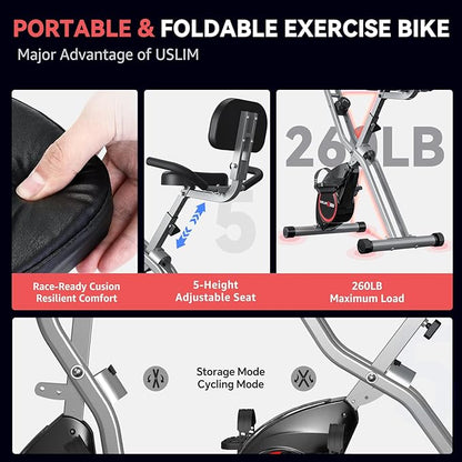 Foldable Exercise Bike Stationary Bikes for Home, 5 IN 1 Indoor Workout Bike, Cycling Bike with 16-Level Quiet Magnetic Resistance, 6.6 LBS Flywheel and 300LBS Capacity for Senior and Home Workout