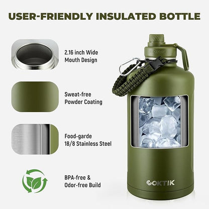 COKTIK 128oz Insulated Water Bottle - Stainless Steel Vacuum Metal, Portable 1 Gallon Large-Capacity Sports Bottle with Straw, Carry Bag and Handle Strap, Ideal for Gym & Hiking(Army Green)