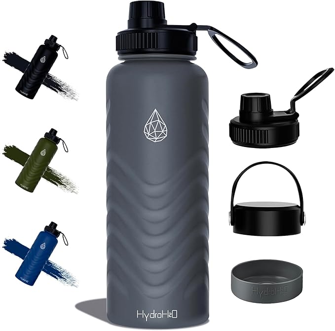 32oz Stainless Steel Insulated Water Bottle, 48H Ice Cold & 24H Hot, Leak-Proof Wide Mouth Lids (Straw & Spout), BPA-Free Bottles, Mens Water Bottle for Gym, Hiking, Travel - Grey