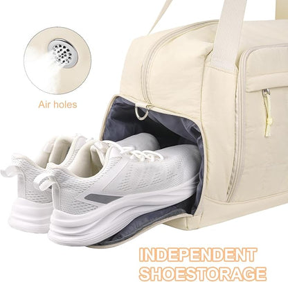 MOSISO Gym Bag for Women, Travel Duffle Weekender Overnight Workout Carry on Gym Duffle Bag with Shoe Compartment&Wet Pocket&Front Quilted Grid Pocket for Fitness, Yoga, Weekend, Beige