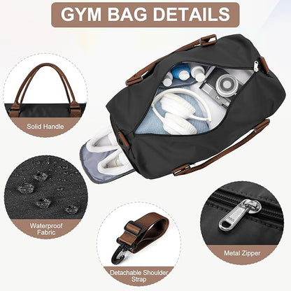 Gym Bag for Women Men with Shoes Compartment,Sports Duffle Bag Personal item travel Duffel Bags Tote Bag Small Carry on Weekender Overnight Bags Workout Dance Bag Hospital Holdalls Black Brown