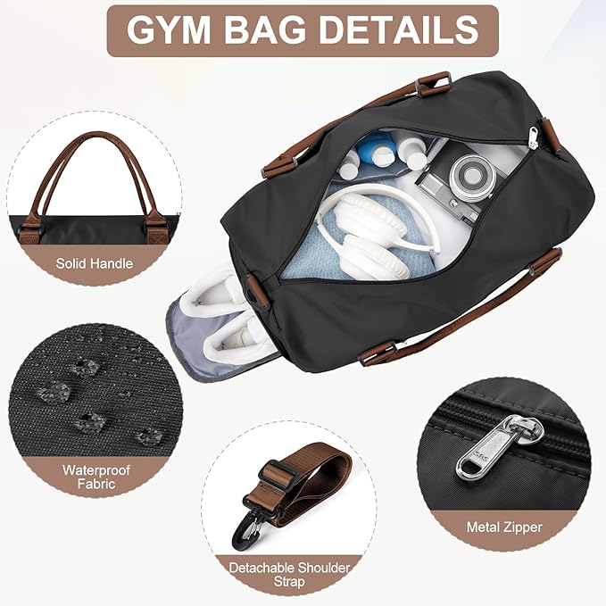 Gym Bag for Women with Shoes Compartment,Small Duffel Bag Sport bag with Toiletry Bag Overnight Travel Tote Bags Weekender Carry on Bag Personal Item Bags for Airlines Black Brown