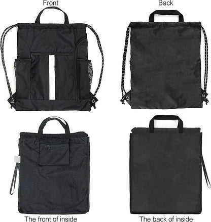 BeeGreen Drawstring Backpack Bag Sports Gym Backpack with Shoe Compartment and Two Water Bottle Holder for Men Women Large String Backpack Athletic Sackpack Workbag Black