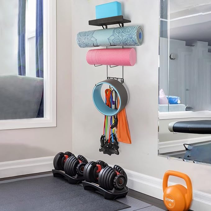 VINAEMO Yoga Mat Holder Accessories Wall Mount Organizer Storage Decor Foam Roller and Towel Storage Rack with 4 Hooks and Wooden Shelves Yoga Mats Rack Resistance Bands for Home Gym School Office