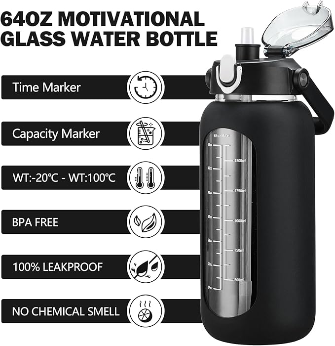 kytffu 64oz Glass Water Bottles with Straw, Half Gallon Motivational Glass Bottle with Silicone Sleeve and Time Marker, 2L Leakproof Large Glass Water Jug for Gym Home Office,Black