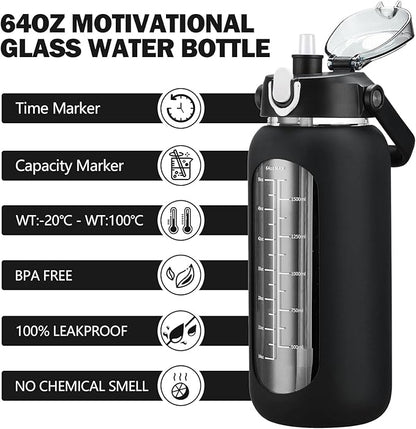 kytffu 64oz Glass Water Bottles with Straw, Half Gallon Motivational Glass Bottle with Silicone Sleeve and Time Marker, 2L Leakproof Large Glass Water Jug for Gym Home Office,Black