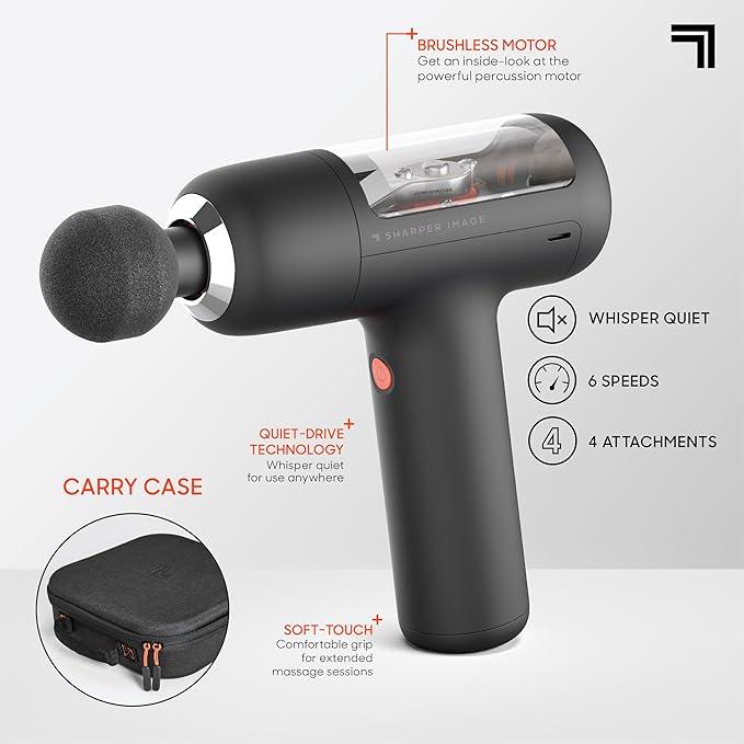 Sharper Image PowerBoost Circuit Massage Gun| Deep Tissue Percussion Massager with 6 Speeds| 4 Attachments| Quiet Brushless Motor| Cordless Muscle Recovery Tool with Carry Case