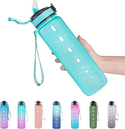 EYQ 32 oz Water Bottle with Time Marker, Carry Strap, Leak-Proof Tritan BPA-Free, Ensure You Drink Enough Water for Fitness, Gym, Camping, Outdoor Sports