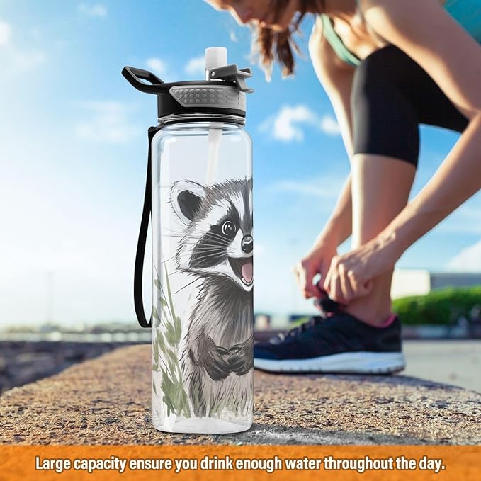Fustylead Happy Cute Raccoon 32oz Water Bottle with Straw, Leakproof Clear Sport Water Bottles for Gym Camping Hiking Travel