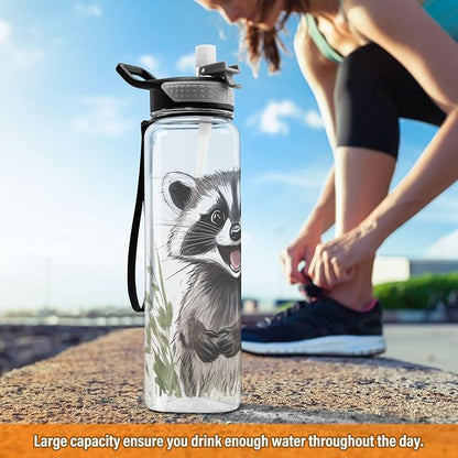 Fustylead Happy Cute Raccoon 32oz Water Bottle with Straw, Leakproof Clear Sport Water Bottles for Gym Camping Hiking Travel