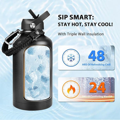 One Gallon Insulated Water Bottle, Triple Wall 128 oz Stainless Steel Wide Mouth Water Bottles (Cold for 48 Hrs), Leak Proof, Non-BPA, Large Water Flask Jug with Paracord Handle & Straw Spout Lids