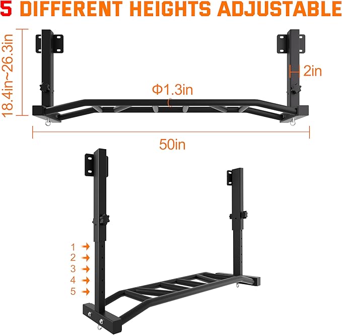 48" Joist Mounted Pull Up Bar, 600LBS Heavy Duty Multi Grip Ceiling Mount Chin Up Bar, Ceiling Beam for Home Gym/Garage/Basement with 5-Height Adjustable& Round Anchors, Easy to Install