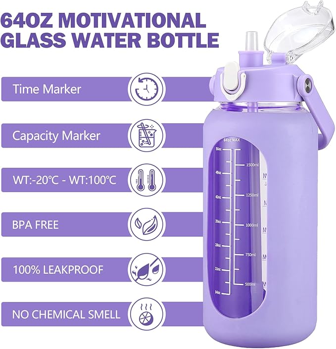 kytffu 64oz Glass Water Bottles with Straw, Half Gallon Motivational Glass Bottle with Silicone Sleeve and Time Marker, 2L Leakproof Large Glass Water Jug for Gym Home Office, Purple