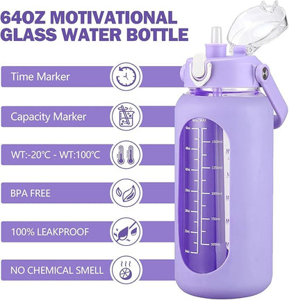 kytffu 64oz Glass Water Bottles with Straw, Half Gallon Motivational Glass Bottle with Silicone Sleeve and Time Marker, 2L Leakproof Large Glass Water Jug for Gym Home Office, Purple