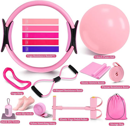 Pilates Essentials Kit for Women 15 Pcs Pilates Equipment for Home Workouts with Yoga Circle Ball Ring, 5 Resistance Bands,Pedal Puller Resistance Band,Anti Slip Socks for Starter Set