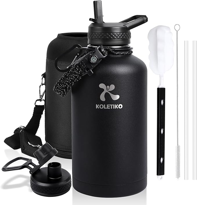 Insulated Water Bottle 64 oz(COLD for 36 Hrs), Half Gallon Stainless Steel Sports Water Jug, Non-BPA & Leak Proof, Large Water Flask with Straw, Magic Black