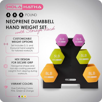 HolaHatha 2, 3, 5, 8, and 10 Pound Neoprene Dumbbell Free Hand Weight Set with Rack, Ideal for Home Exercises to Gain Tone and Definition, Pastel