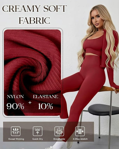 Women 3 Piece Seamless Workout Set Sports Bra High Waisted Gym Yoga Leggings Zip Up Jacket with Thumbhole Activewear