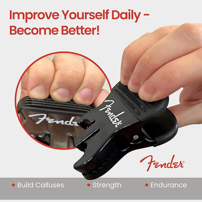 FENDER Patented Callus Builder & Finger Strengthener – Resistance Finger Exerciser for Guitar, Bass & Violin – Guitar Finger Trainer & Grip Strength Tool – Ideal Guitar & Bass Accessories (Tensions: RED=8-Lbs; BLACK=15-Lbs)