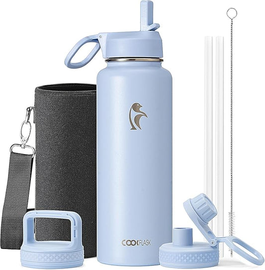 Water Bottle 40 oz Insulated with Straw&Brush, Coolflask Vaccum Stainless Steel Metal 3 Lids Water Flask for Sports, Gym or Office, Keep Cold 48H Hot 24H, Light Blue
