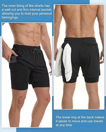 Sureio 3 Pcs Men's 2 in 1 Workout Running Shorts 5 Inch Quick Dry Athletic Gym Shorts with Liner and Side Pockets Towel Loop