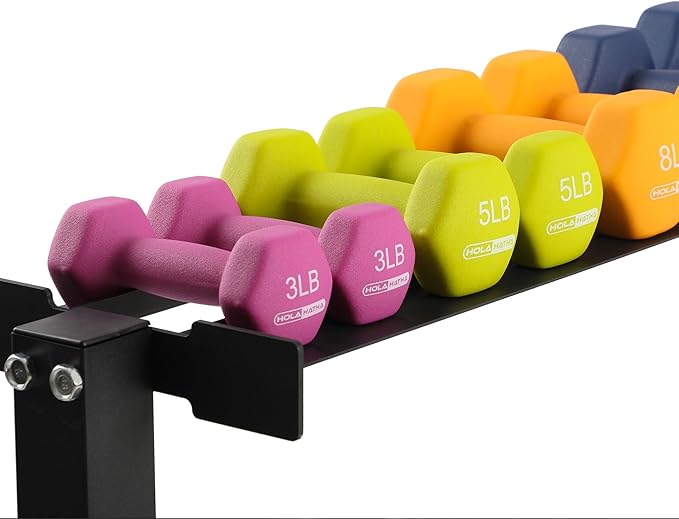 HolaHatha 146 Pound Neoprene Coated Non Slip Dumbbells with Rack for Strength Training, Includes 3, 5, 8, 10, 12, 15, & 20 Pound Sets, Multicolor
