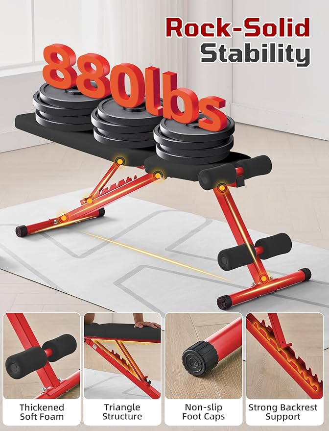 SPORTSOUL 880LB Weight Bench for Home Gym, 8-Position Backrest Adjustable Workout Bench for Strength Training – Incline Decline Flat, Foldable & Compact for Small Space Apartment Room Garage
