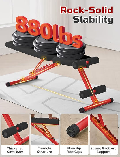 SPORTSOUL 880LB Weight Bench for Home Gym, 8-Position Backrest Adjustable Workout Bench for Strength Training – Incline Decline Flat, Foldable & Compact for Small Space Apartment Room Garage