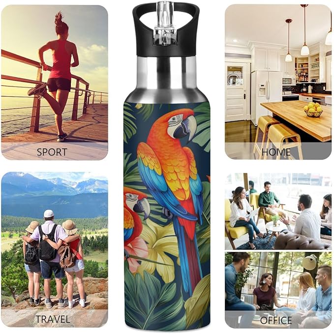 AUUXVA Cute Parrot Macaw Bird Water Bottle Vacuum Insulated Stainless Steel Mug Kids Water Bottle with Straw and Handle Keep Hot Cold Sport Bike Fit Travel Outdoor 20 oz